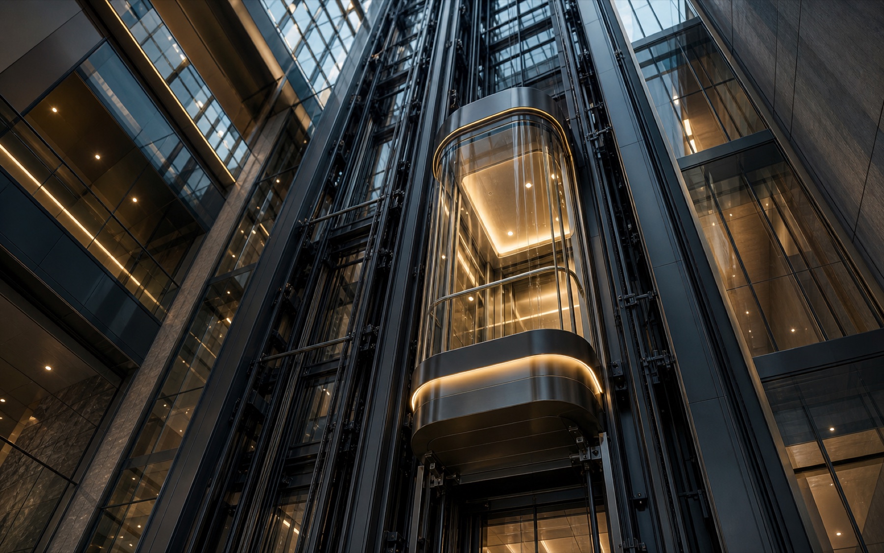 Panoramic glass elevator within a precision-engineered atrium shaft