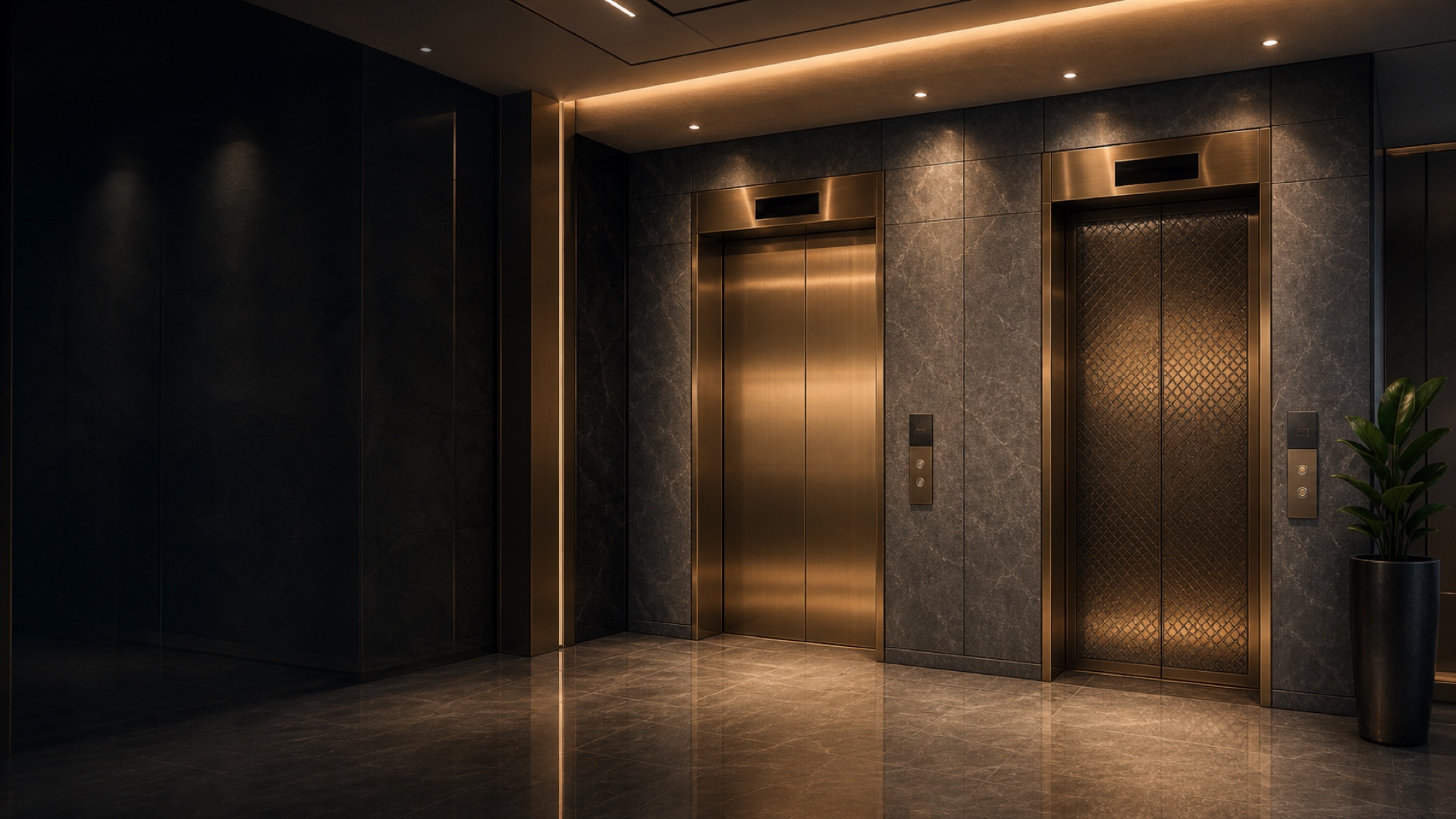 Contemporary graphite and champagne-gold elevator lobby