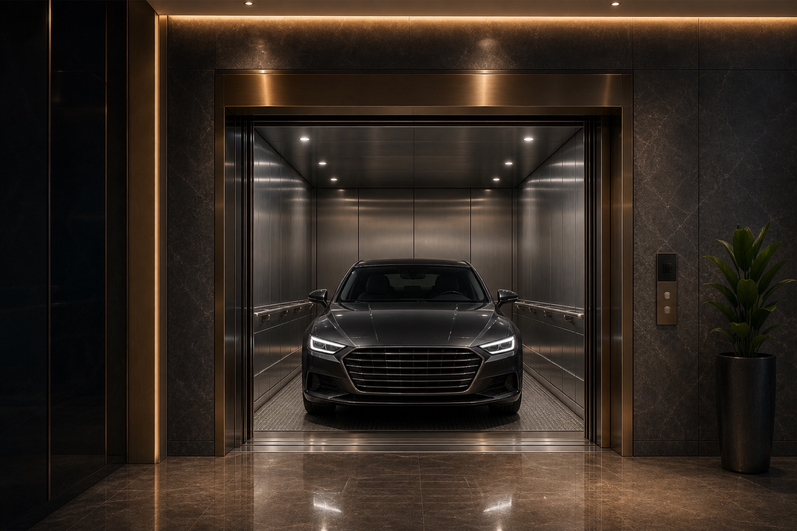 Premium automotive elevator with a vehicle inside