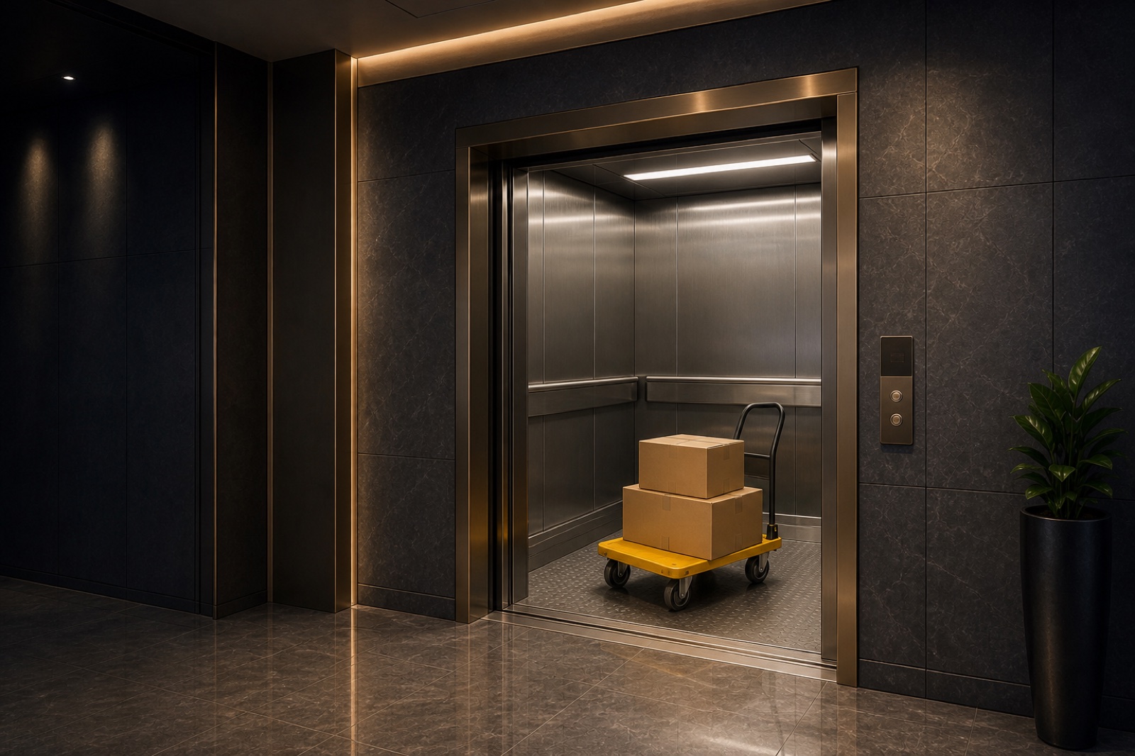 Goods elevator with a loaded service trolley