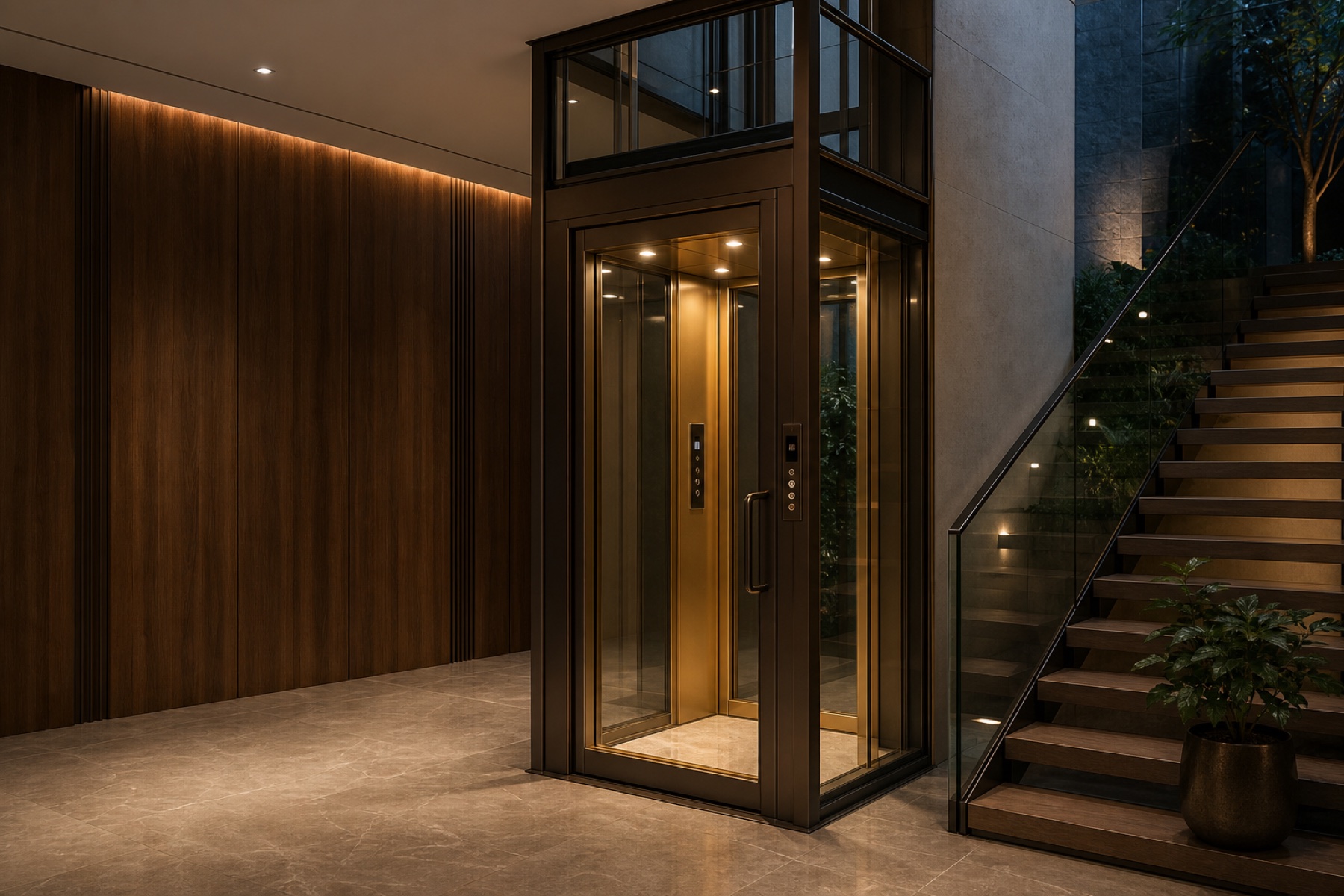 Compact glass home lift beside a modern villa staircase