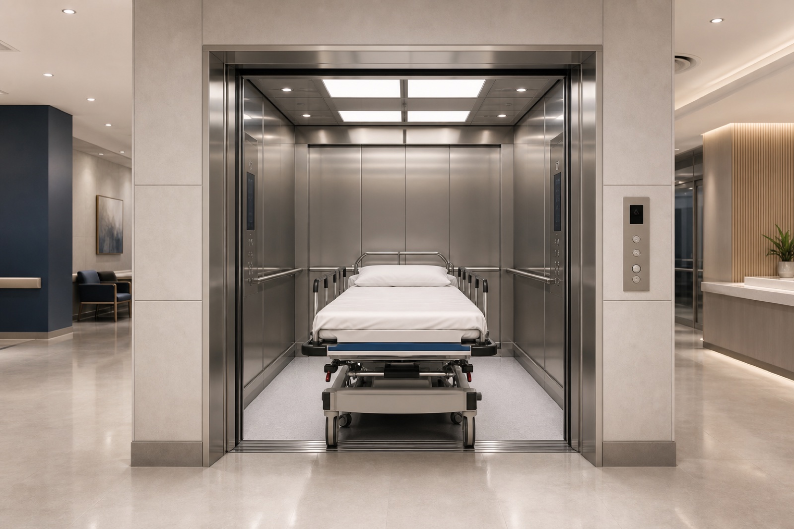 Wide hospital elevator with an accessible stretcher-ready cabin
