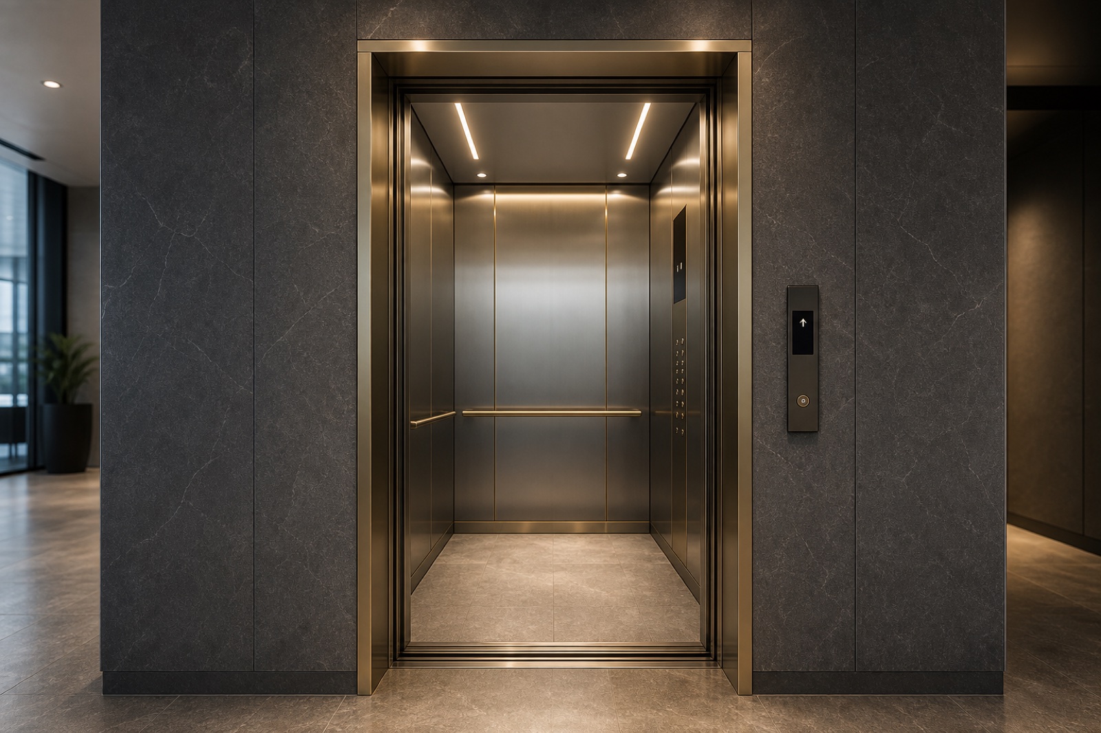 Premium passenger elevator cabin with open doors