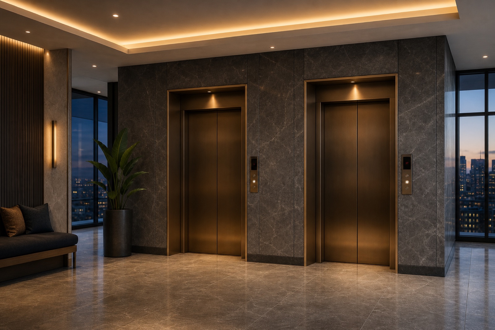 Contemporary two-elevator residential tower lobby