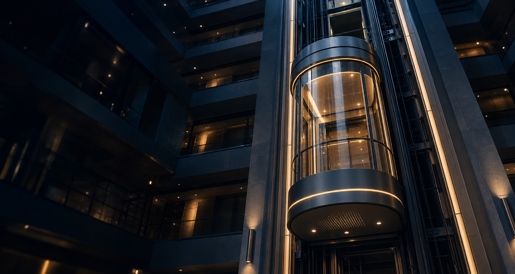 Panoramic glass capsule elevator in a multi-storey atrium