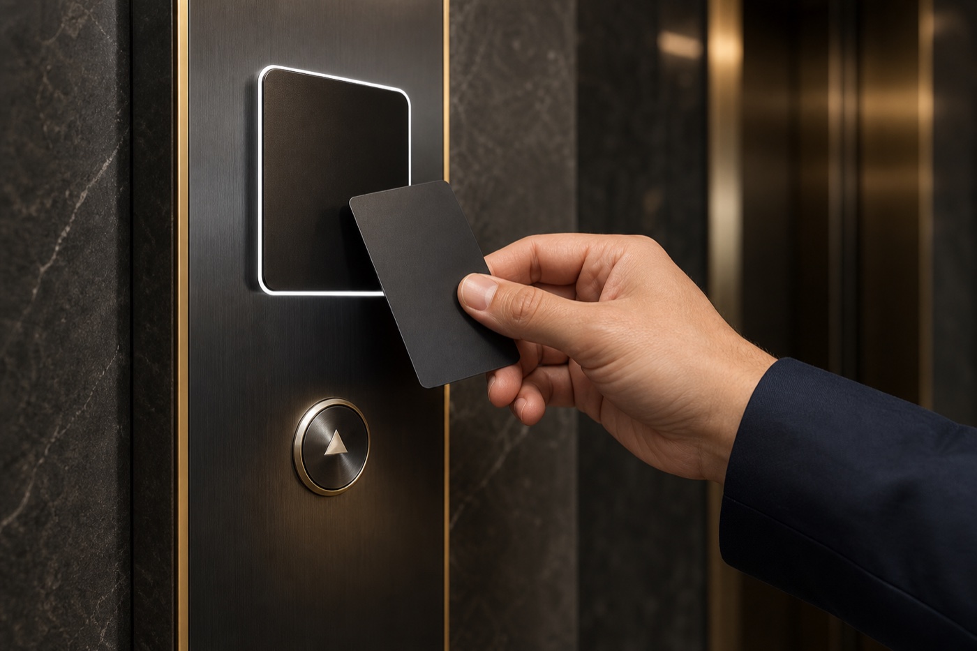 Contactless access card presented to an elevator RFID reader
