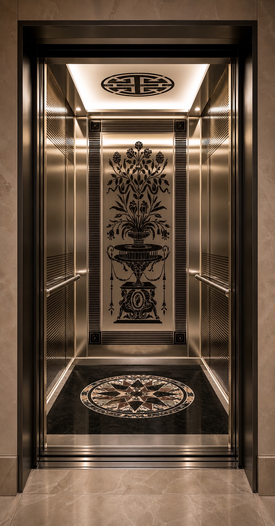 Actual mirror-finished designer elevator cabin with an ornamental central panel