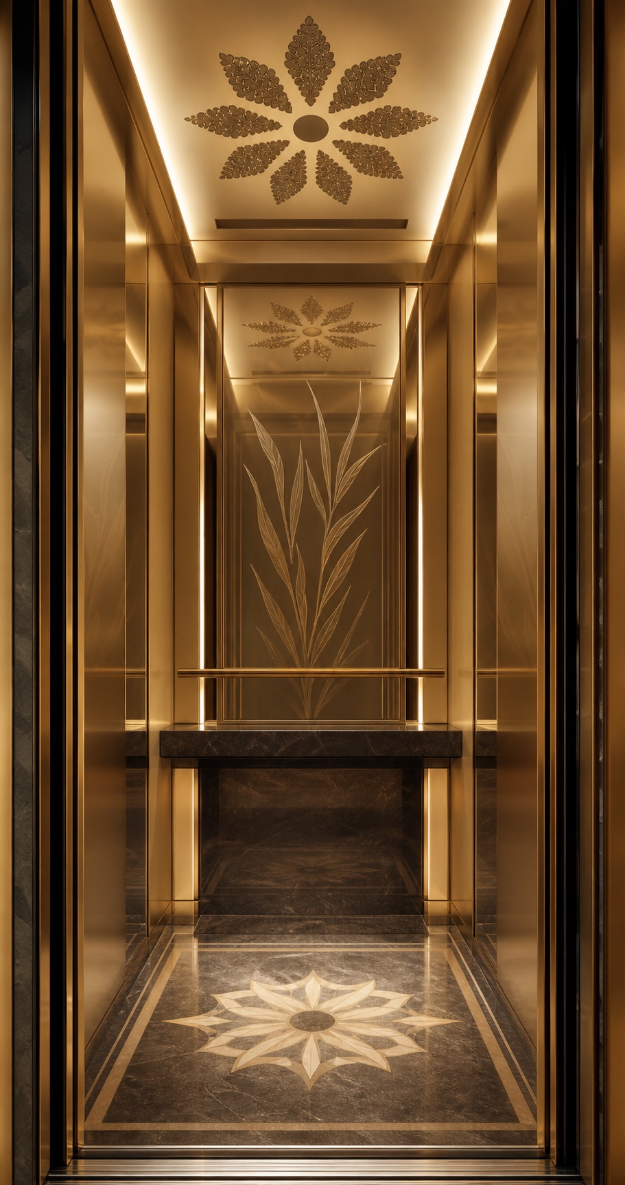Actual gold-finished designer elevator cabin with botanical etched detailing